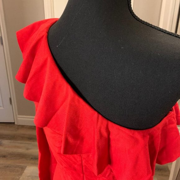 DIVIDED H&M | Red One Sleeve Fitted Ruffle Dress - Picture 5 of 9